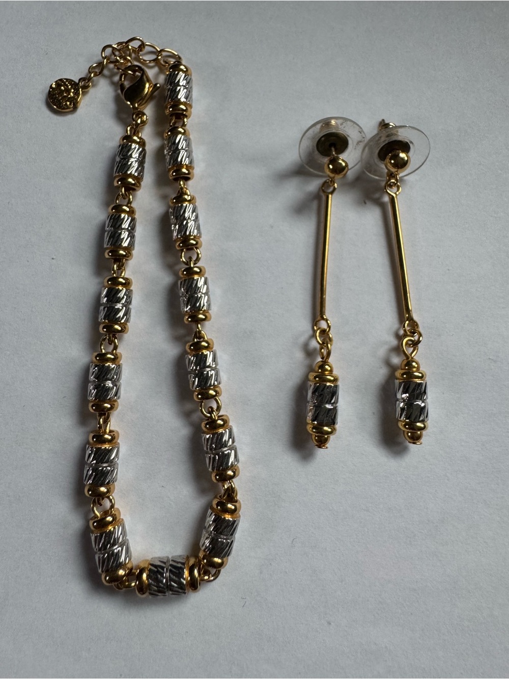 Vintage JAC signed two-tone gold/silver barrel bracelet and earring set